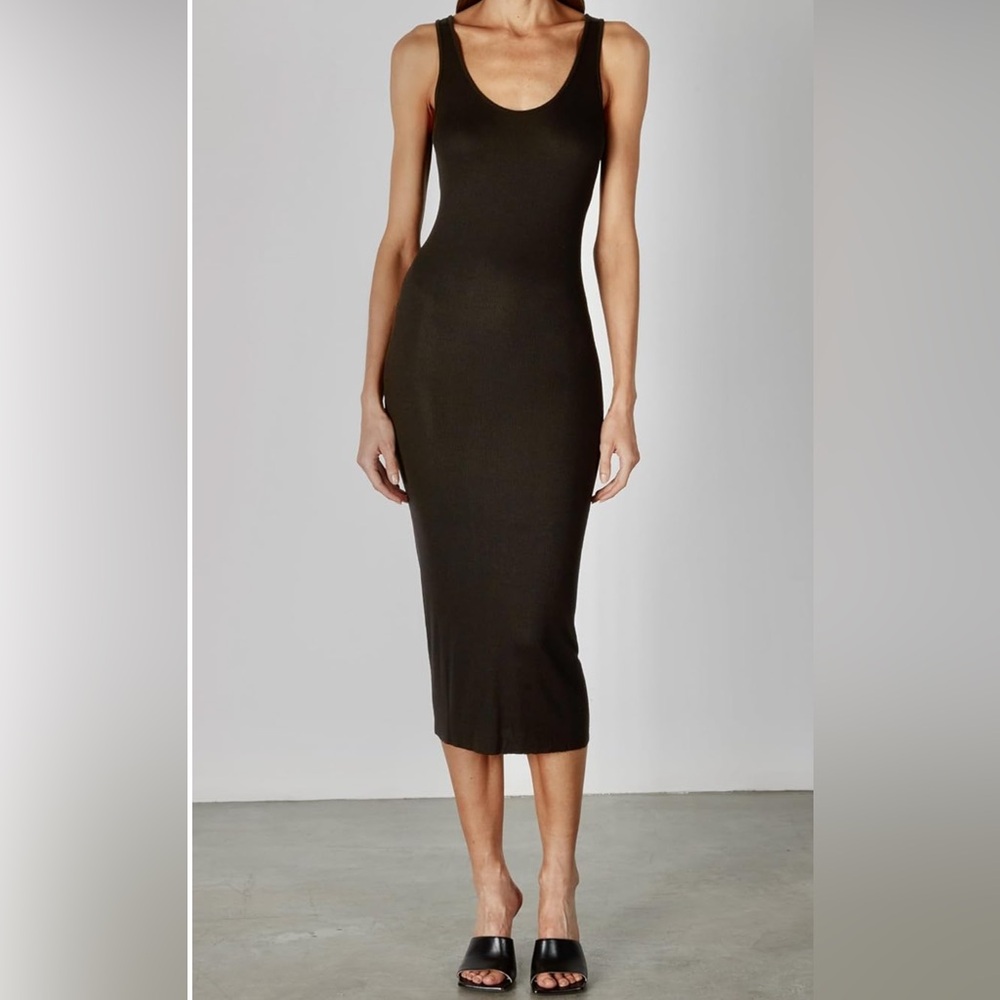 Enza Costa Black Bodycon Midi Dress Scoop Neck Sleeveless